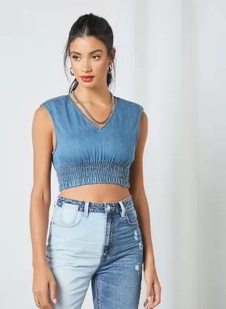 Padded Shoulder Crop Top Light Blue 