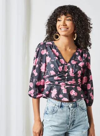 Floral Print Crop Top Black 