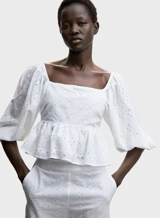 Openwork Balloon Sleeve Crop Top 