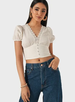 Puff Sleeve Lace Detail Crop Top 