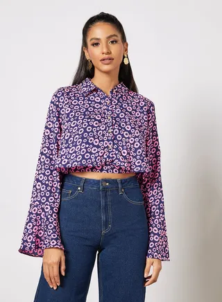 Stylish floral hi low shirt with bell sleeves White 