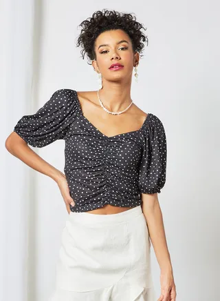 Polka Dot Ruched Crop Top Black 