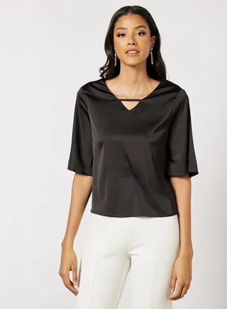 Women's Casual Bell Half Sleeve Polyester Crop Top With V-Neck Electric Black 
