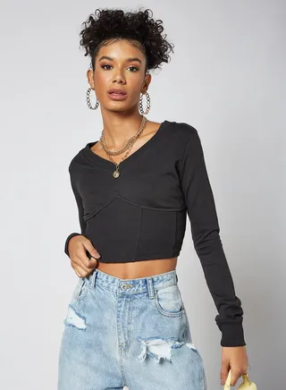 Ribbed Hem Crop Top Black 