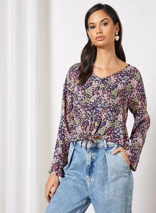 Stylish Long Sleeves Crop Top Printed V Neck Multicolour 