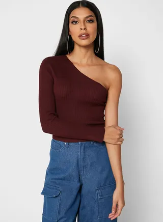 One Shoulder Rib Knit Crop Top 