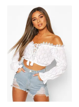 Petite Broderie Off Shoulder Crop Top 