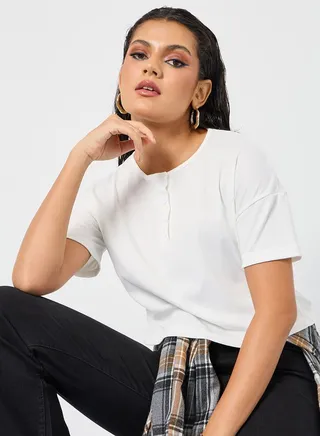 Textured Button Closure Crop Top 
