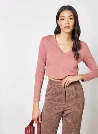 V-Neck Cropped T-Shirt Red Clay 