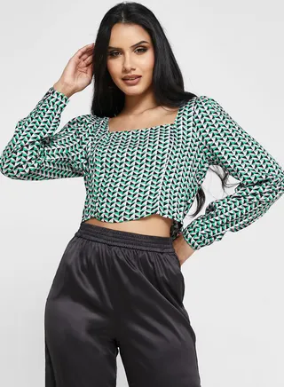 Square Neck Printed Crop Top 
