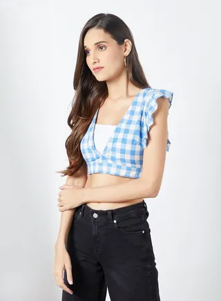 Check Print V-Neck Crop Top Blue/White 