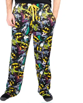 Batman Logos & DC Comics Characters All Over Print Mens Black Sleep Pajama Pants-S