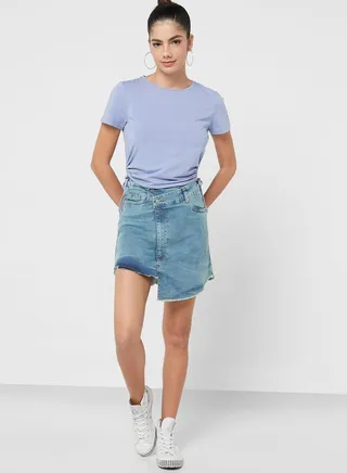 Asymmetric Denim Mini Skirt