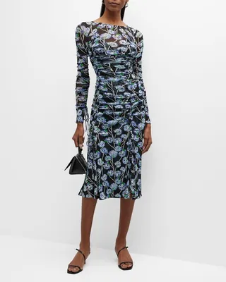 Corinne Ruched Floral-Print Mesh Midi Dress