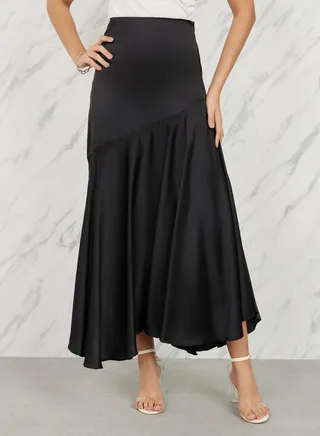 Satin Asymmetric Ruffle Hem A-Line Maxi Skirt