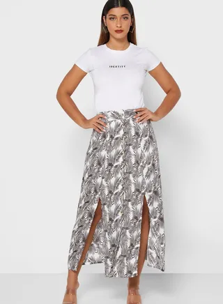 Front Slit Button Down Printed Skirt 