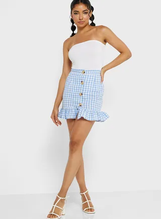 Buttoned Front Checked Skirt 