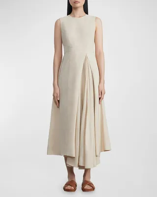 Sleeveless Pleated Silk-Linen Midi Dress