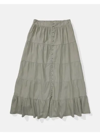 AE Button-Front Tiered Midi Skirt 