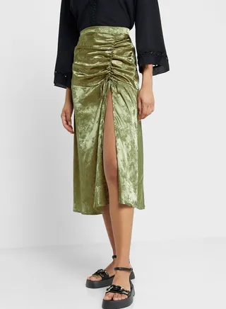 Ruched Jacquard Skirt With Slit 