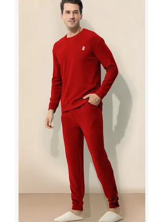 Mens Solid Color Long Johns Fleese And Thick Thermal Underwear Set, 2 Piece Cold Weather Base Layer Set for Men Red 