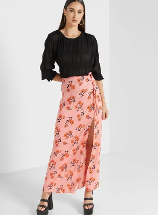 Floral Print Split Skirt 