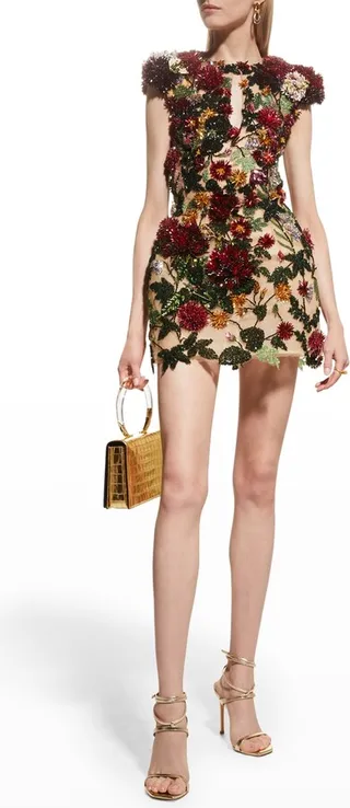 Floral Beaded Cap-Sleeve Open-Back Mini Dress