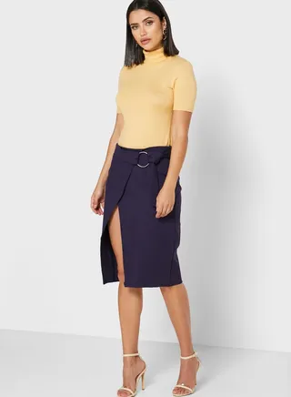 Wrap Front Ring Buckle Midi Skirt 