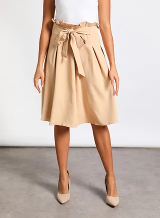 Women's Casual Ruffles Waistband Knee Length Skirt With Front Tie Brown 