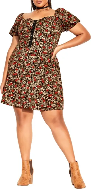 Fierce Rose Puff Sleeve A-Line Minidress