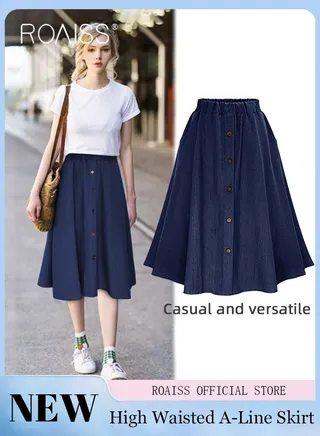 Women's Fashion Versatile Denim Skirt Soft Lightweight Elastic Waist Design High Waisted A-Line Skirt 