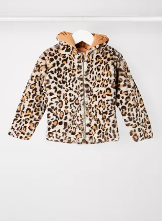 Girls Leopard Zip Through Fur Jacket Beige 