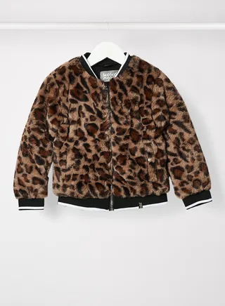 Girls Animal Print Fur Jacket Brown 