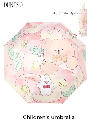 Kids Folding Umbrella Automatic Open Cartoon Travel Umbrella Waterproof and UV-Resistant Compact Windproof Umbrella for Girls and Boy 