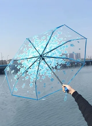 Cherry Blossom Print Clear Transparent Foldable 3-Fold Portable 8-Bone Rain Umbrella Blue 