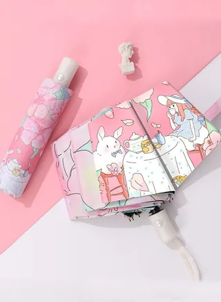 Girls Carton 3 Fold Portable Auto-Opening UV Protection Sun or Rain Umbrella Multicolor 