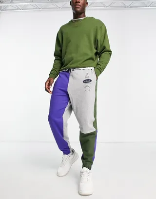 ASOS Actual relaxed sweatpants with logo print and cut and sew details in gray heather