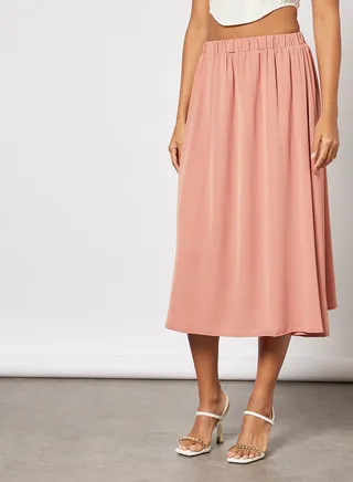 Women's Casual Polyester Knee Length A-Line Midi Pleated Flared Skirt Brick Red 
