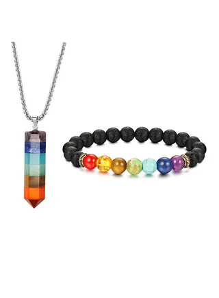 7 Chakra Gemstone Healing Pendant Necklace Lava Rock Natural Stone Chakra Diffuser Bracelets Yoga Beads Bracelet 