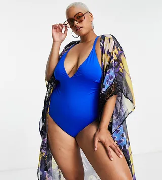 ASOS DESIGN Curve T back swimsuit in cobalt blue