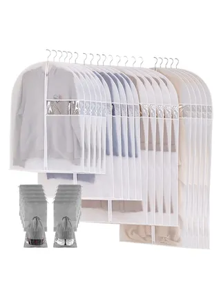 Set of 20 Protective Covers for Clothes and 10 Bags for Storing Shoes Dustproof Waterproof Full zipper Reusable Lightweight PEVA Storage Bags for Closet and Travel, White and Grey 