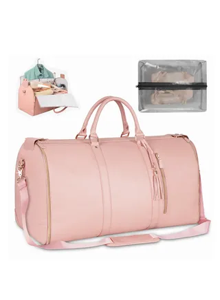 Carry On Garment Bag, Foldable PU Leather Duffle Bag for Women, Large Waterproof Garment Bags for Travel with Shoe Pouch, 2 in 1 Hanging Suitcase Suit Travel Essentials, Gifts for Women (Pink) 