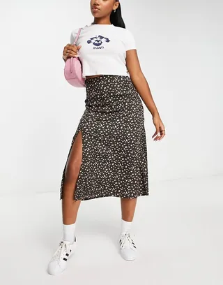 Daisy Street midi skirt with thigh split in grunge ditsy