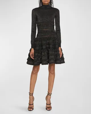 Mock Neck Metallic Skater Dress