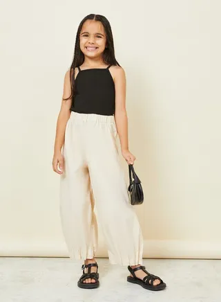 Paperbag Waistband Pleated Hem Wide Leg Pants 