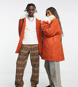 Reclaimed Vintage unisex cord afghan coat in rust with faux fur trim