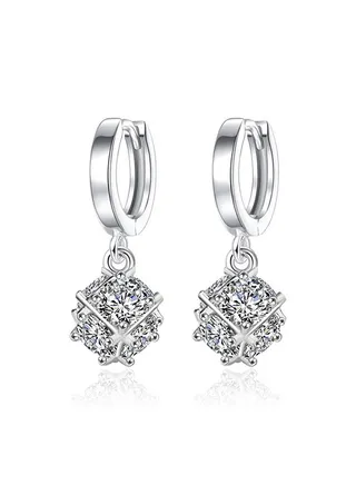 925 Sterling Silver Cube Six Zircon Studded Earrings 