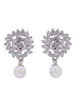 Silver 925 Floral Banguette With Pearl Dangle Earrings 