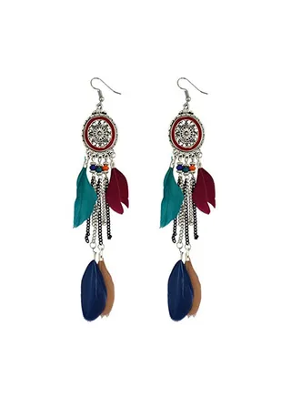 Alloy Silver Plated Feather Embellished Dangle Earrings 