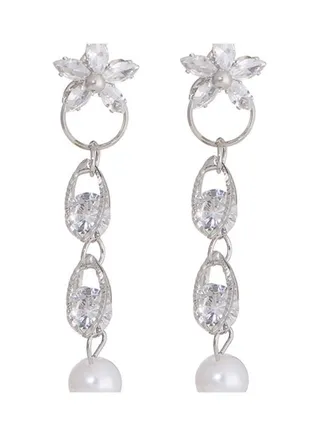 S925 Silver Needle With Rhinestone Long Tassel Earrings 